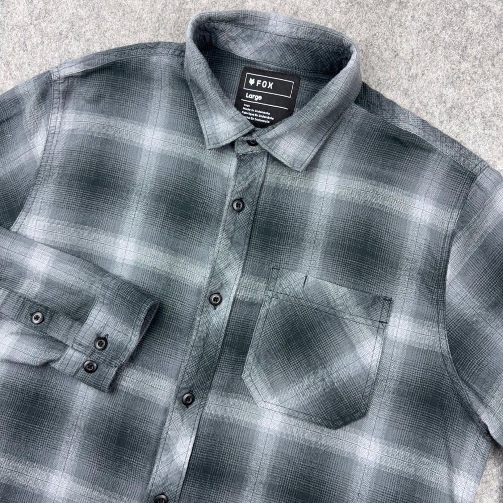 Fox Racing Shirt Mens Large Gray Plaid Survivalist Flannel Long Sleeve Stretch